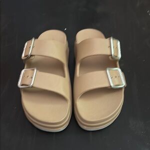J Slides Tan Double Strap Sandals